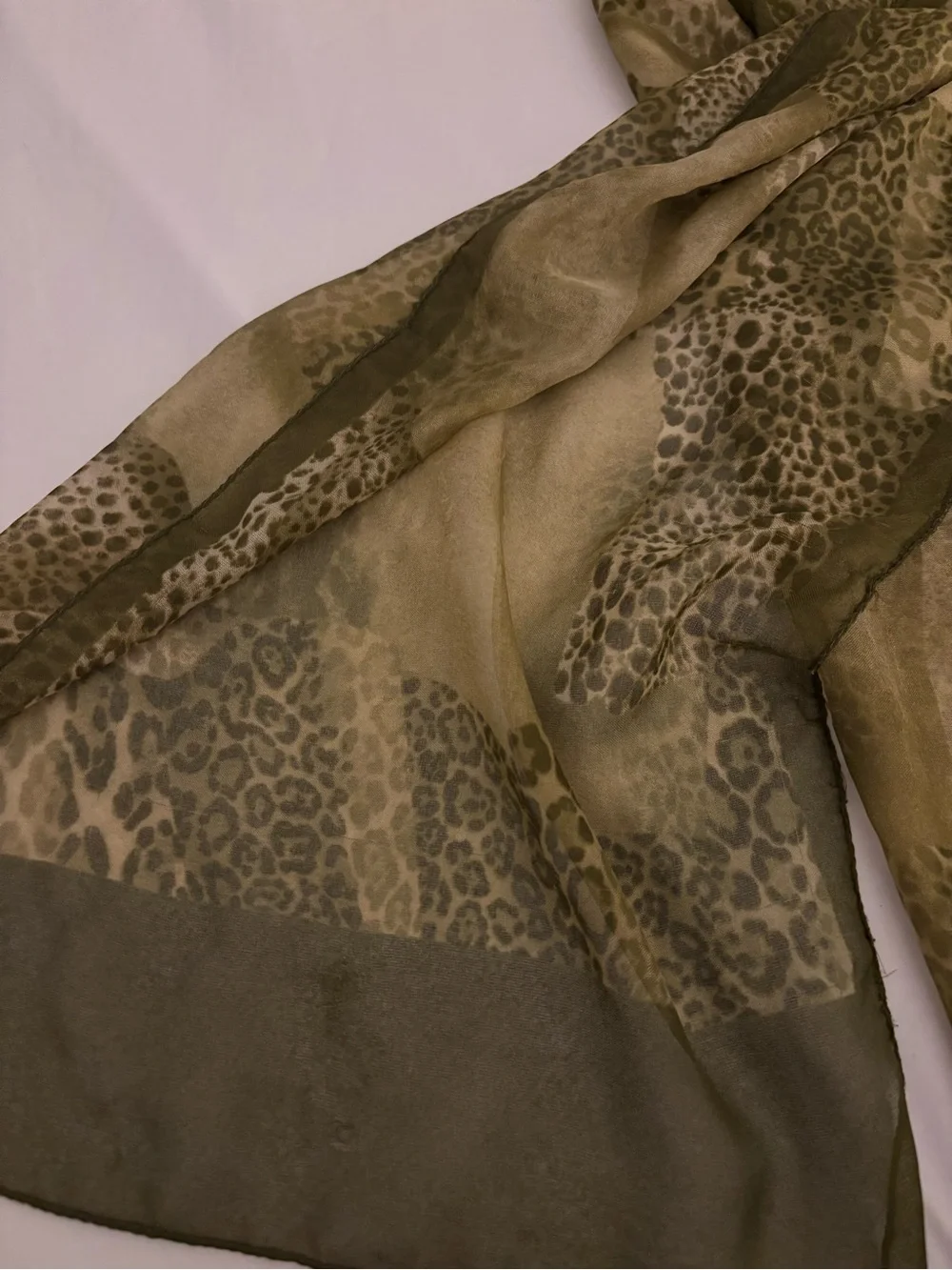Vintage Green Brown Leopard Animal Print Thin Oblong Silk Scarf 62” Y2K